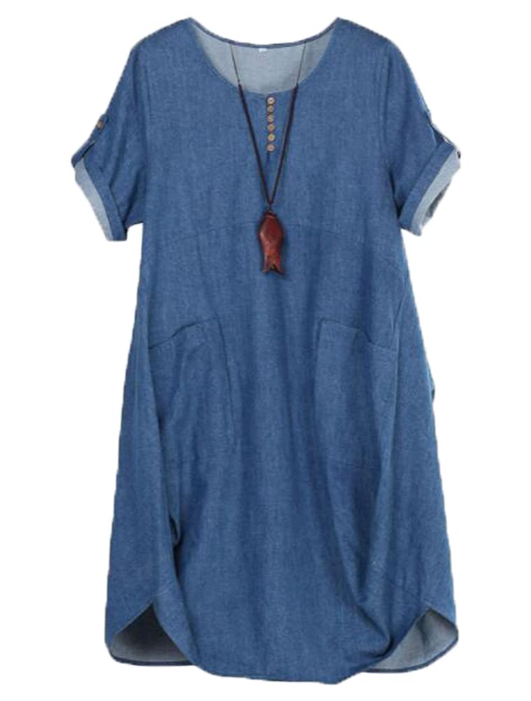 LaovanIn Women's Plus Size Tunic Dress Summer Cotton Linen T Shirt Knee-Length Dresses Denim Blue XXX-Large - Image 1
